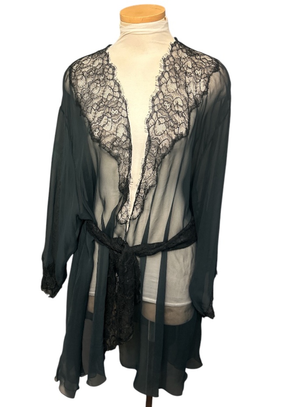 Victoria's Secret Vintage Gold Black Sheer Lace-Trim Kimono Robe with Waist Tie
